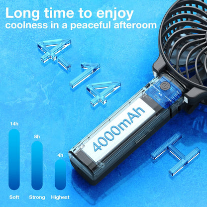 Portable Handheld Fan, Powerful+Durable+4000Mah+180° Foldable, Mini Table Fans with USB Rechargeable Battery Operated Cooling Accessories for Personal Use, Travel, Office Black